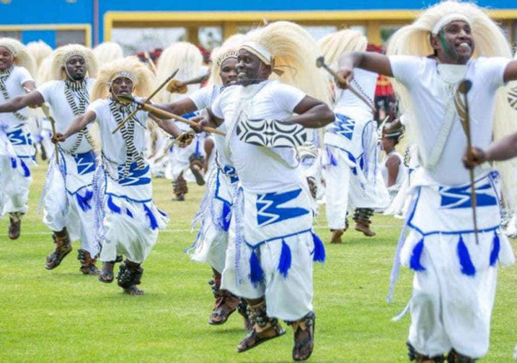 Youth cultural ensemble live stage performance in national arts festival with traditional costumes and amayugi